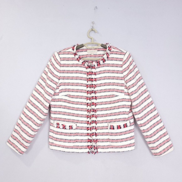 Talbots Womens Pink White Striped Zip Blazer Jacket 14 P Formal Business Career - Picture 1 of 13